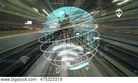 Fast Motion Transport Flow On Road With Global Network Graphic Modernization Showing Concept Of Futu