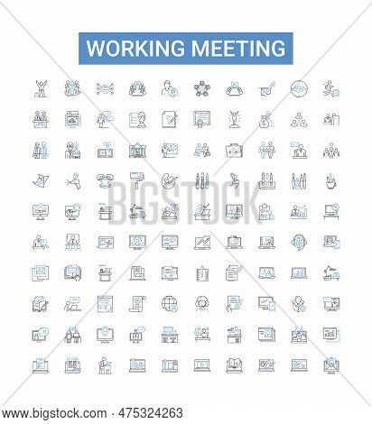 Working Meeting Outline Icons Collection. Meeting, Working, Business, Conference, Plan, Discuss, Tas