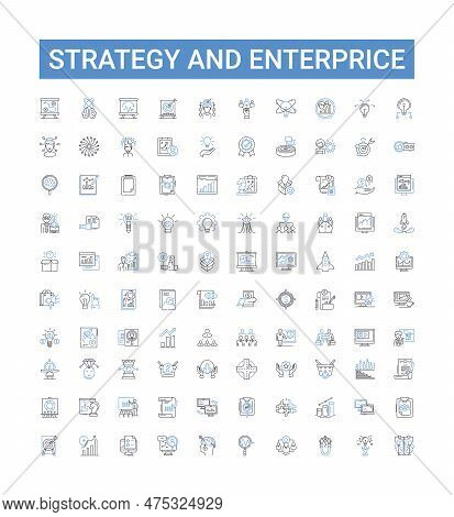 Strategy And Enterprice Outline Icons Collection. Strategy, Enterprise, Planning, Analyzing, Outcome