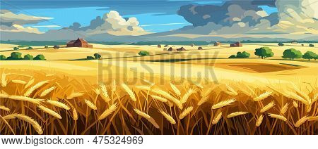 Wheat Field Sky With Clouds. Countryside Summer Background Gold Colors Grain Nature. Health Food Pos
