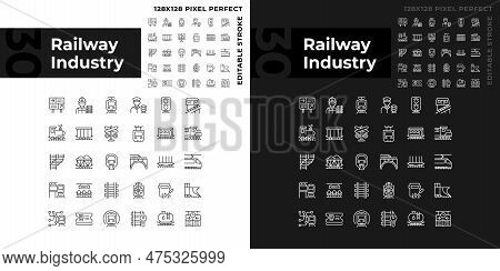 Railway Industry Pixel Perfect Linear Icons Set For Dark, Light Mode. Railroad Company. Rail Transpo