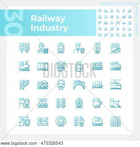 Railway Industry Pixel Perfect Gradient Linear Vector Icons Set. Railroad Company. Rail Transport. T