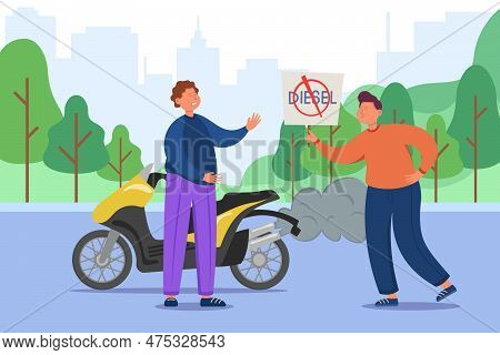 Ecology Activist Showing Sign To Motorcycle Driver In Park. Stop Using Diesel Fuel Or Combustion Eng