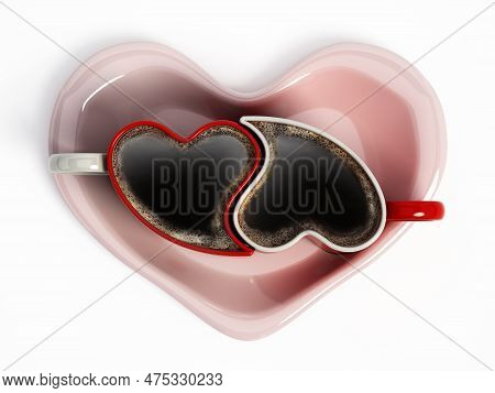 Heart Shaped Coffee Cups On Pink Heart Shaped Saucer. 3d Illustration.
