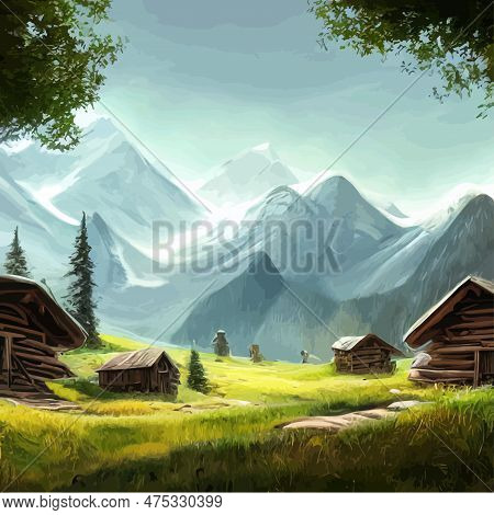 Summer Landscape With Mountains, Village Houses And Trees Against Backdrop Of Mountains. Vector Cart