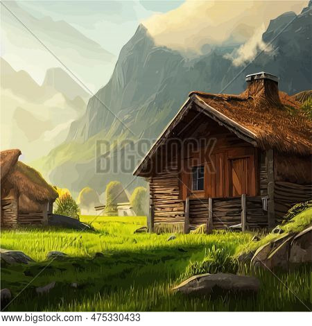 Summer Landscape With Mountains, Village Houses And Trees Against Backdrop Of Mountains. Vector Cart