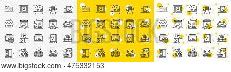Outline Balcony, Arena Stadium And Home Insurance Line Icons Pack For Web With Realtor, Food Market,