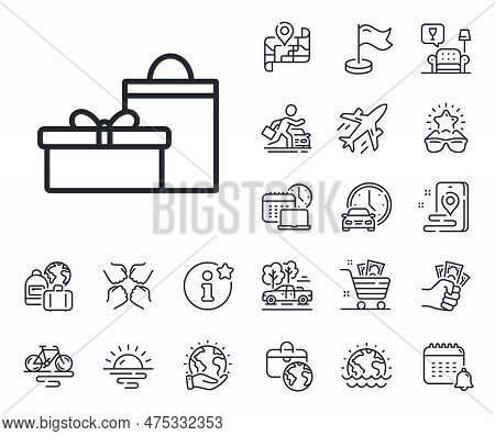 Present Or Sale Sign. Plane Jet, Travel Map And Baggage Claim Outline Icons. Gift Box With Bag Line 
