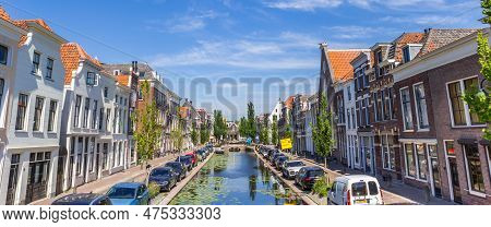 Gouda, Netherlands - May 21, 2020: Panorama Of The Turfmarkt Canal In The Center Of Gouda, Netherlan