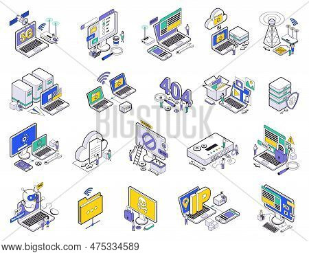 Isometric Web Hosting Icon Set With Signs Of Errors Five G Wireless Clouds Support And Other Descrip