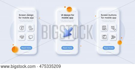 Internet Report, Speech Bubble And Package Size Line Icons Pack. 3d Phone Mockups With Cursor. Glass