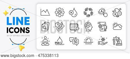 Brain Working, Yoga And Freezing Line Icons Set For App Include Sunset, Microscope, Inspect Outline 
