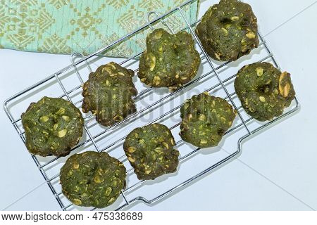 Matcha Greentea Cookies, Healty Homemade Cookies On White Background