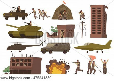 War Flat Icon Set With Destroyed Buildings Military Tanks Explosions Helicopters And Military Aircra