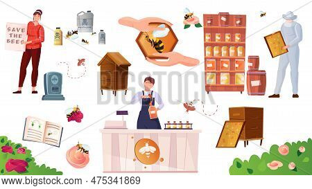 Beekeeping Color Icons Set With Green Meadows Bees Collecting Nectar Pots With Honey Isolated Vector