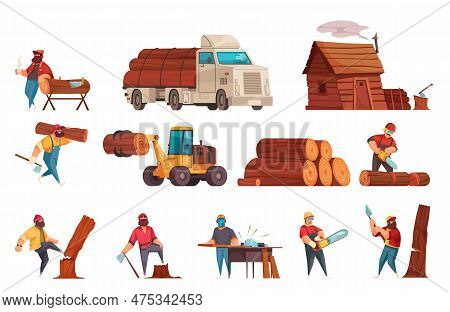 Lumberjack Work Equipment Machinery Cartoon Set With Loggers Sawing Wood Chopping Down Felling Trans