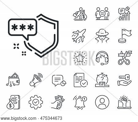 Privacy Secure Sign. Salaryman, Gender Equality And Alert Bell Outline Icons. Shield Line Icon. Safe