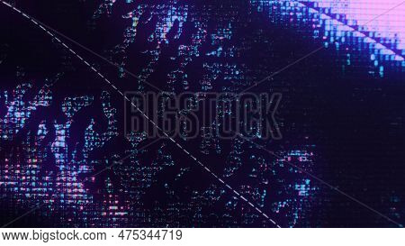 Digital Fluid. Neon Glitch. Lcd Display Defect. Fluorescent Purple Blue Pink Color Light Liquid Crys