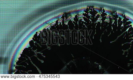 Pixel Light. Glitch Fluid. Digital Rainbow. Blue Pink Yellow Color Glow Liquid Crystal Drops Spatter