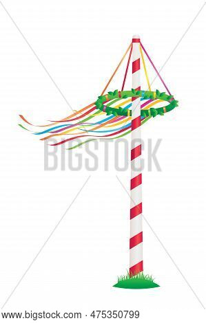Maypole With Colorful Ribbons Isolated On White Background