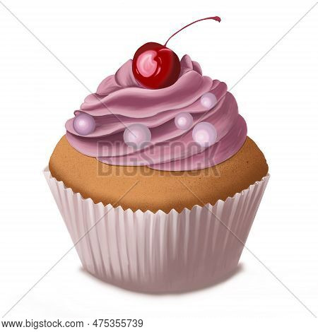 Sponge Cake With Cherries And Mother-of-pearl Caramels, Hand-drawn, Digital Painting. You Can Create