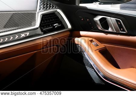 Interior Dashboard View Bmw X7 M60i Xdrive (g07) Car At The Brussels Autosalon European Motor Show. 
