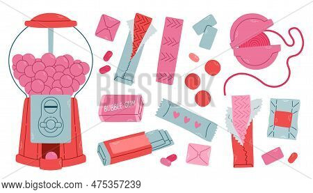 Bubble Gum Set. Isolated Pink Bubble Gum In Foil Packages. Pads, Balls And Roll Of Red, Pink And Pur