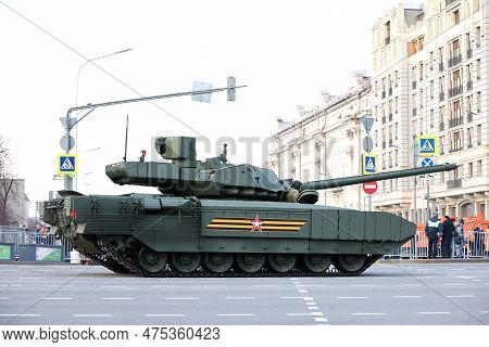 Armata, Russian Main Battle Tank On City Street In Moscow During A Rehearsal Of The Victory Parade