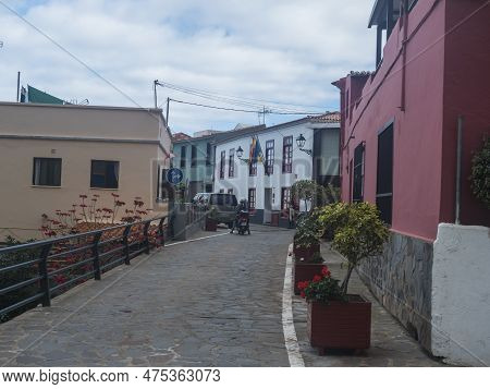 Agulo, La Gomera, Canary Islands, Spain, December 27, 2021: Cobbled Street With Colorful Traditional