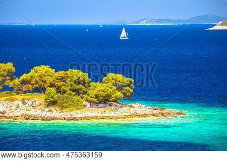 Idyllic Adriatic Stone Beach On Island Near Primosten View, Archipelago Of Dalmatia, Croatia