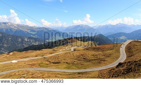 Panorama View Of Road With Serpentines At Mountain Pass Jaufen Pass In South Tyrol, Italy