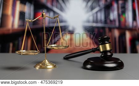 Shiny Golden Balanced Scale And Wooden Gavel In Court Library Background As Symbol Of Justice And Le