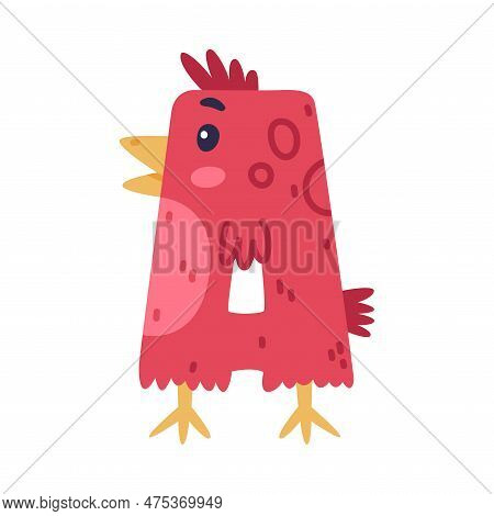 Bird Alphabet A Capital Letter. Red Vowel Letter With Eyes, Beak And Wings Cute Cartoon Vector Illus