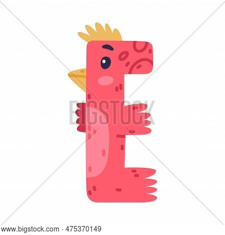 Bird Alphabet E Capital Letter. Red Vowel Letter With Eyes, Beak And Wings Cute Cartoon Vector Illus