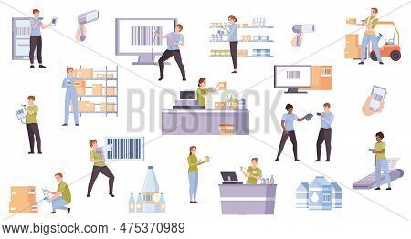 Flat Set Of Men And Women Scanning Barcode At Checkout Supermarket Warehouse With Scanners And Smart