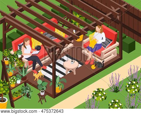 Garden Furniture Isometric Composition With Outdoor Scenery And Exotic Plants With Wooden Summerhous