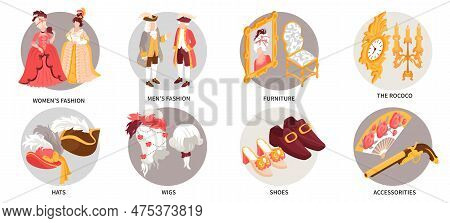 Rococo Isolated Round Compositions Set Of Women Dress Men Doublet Shoes With Buckles Wigs Candelabra