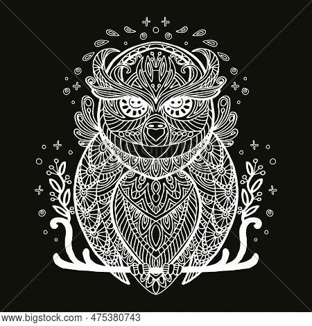 Vector Decorative Doodle Ornamental Owl. Abstract Vector Illustration Of Owl White Contour Isolated 