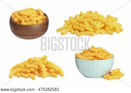Collage Of Tasty Corn Sticks On White Background