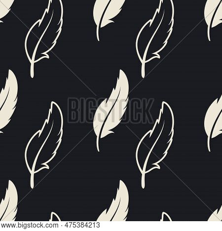 Vector Seamless Pattern With Different Black Fluffy Feather Silhouettes On White Background. Design 