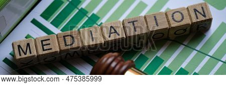 Top View Of Wooden Blocks With Word Mediation And Judge Gavel On Stats Documents. Retrial Settlement