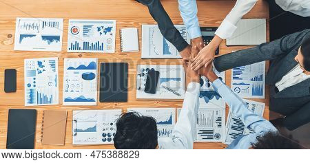 Top View Panoramic Banner Hand Stack By Office Worker Show Solidarity Teamwork And Trust In Workplac