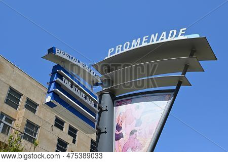 Long Beach, California - 18 Apr 23023: Promenade Sign, A Six Block Long Pedestrian Thoroughfare In T