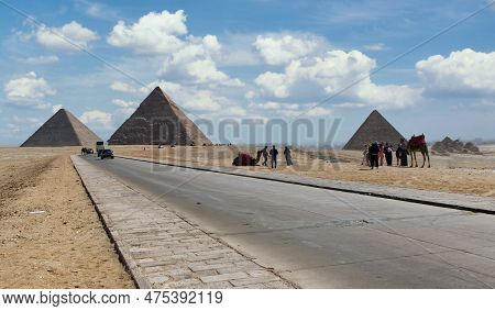 Cairo, Giza - Egypt - March 17, 2023: Landscape Of The Main Pyramids In Giza Plateau. Pyramids Of Ch
