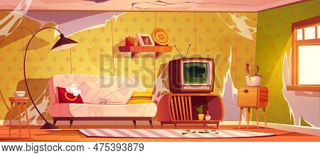 Abandoned House Room With Broken Sofa And Tv Glass On Floor Cartoon Vector Background. Torn Old Wall