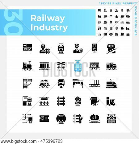 Railway Industry Pixel Perfect Black Glyph Icons Set On White Space. Railroad Company. Rail Transpor