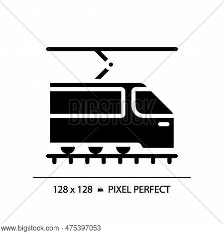 Tram Pixel Perfect Black Glyph Icon. Tramway Train. Urban Transport. Light Rail Vehicle. Modern Stre