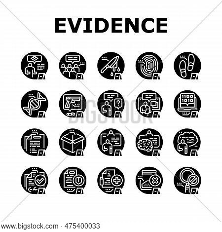 Evidence Crime Police Scene Board Icons Set Vector. Detective Criminal, Murder Office, Information P