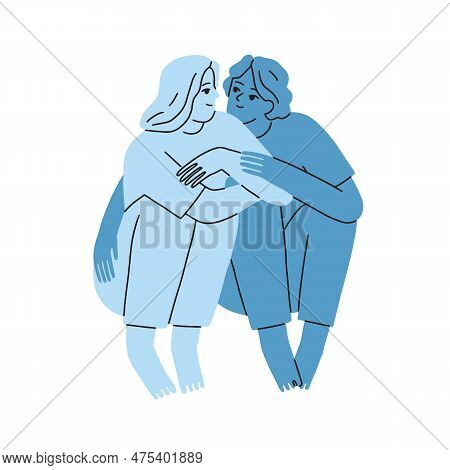 Happy Romantic Couple. Sweet Woman And Man In Love. Valentines Sitting Together. Fonding Affectionat