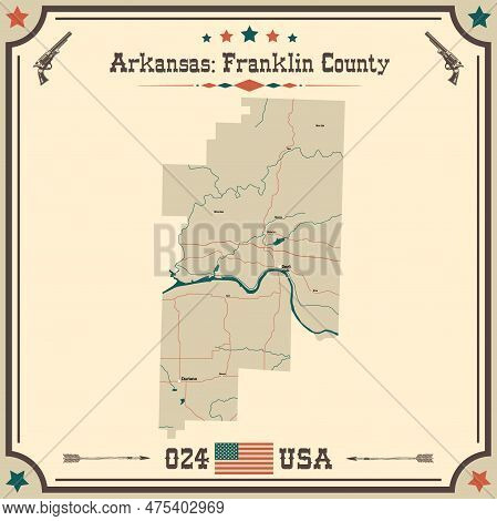 Large And Accurate Map Of Franklin County, Arkansas, Usa With Vintage Colors.